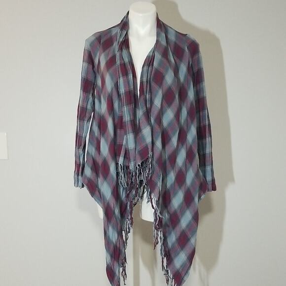 En Creme Plaid Open front Cardigan with Fringe - Picture 3 of 12